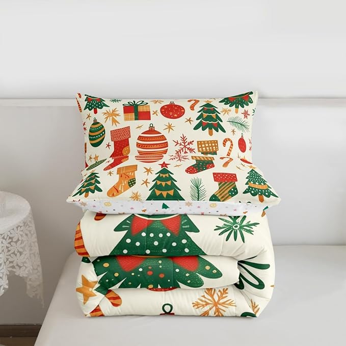Feelyou Christmas Comforter Set All Season Xmas Tree Bedding Set with 1 Pillow Cases New Year Gift Microfiber Kids Toddler Bedclothes Christmas Stockings Bedroom Decor Duvet Quilt Breathable Soft