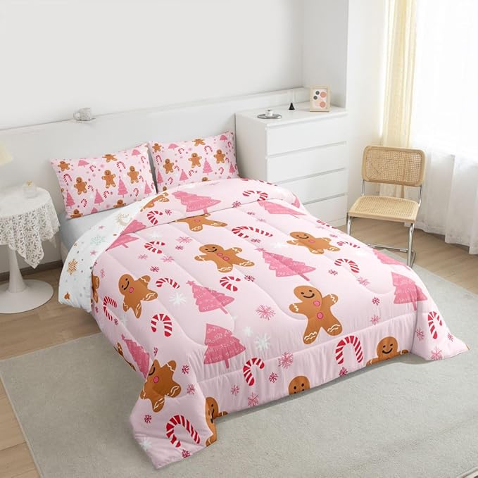 Feelyou Cute Gingerbread Man Comforter Set All Season Pink Christmas Tree Bedding Set with 2 Pillow Cases Candy Cane Kids Queen Snowflake Room Decor Christmas Duvet Quilt Breathable Soft Lightweight