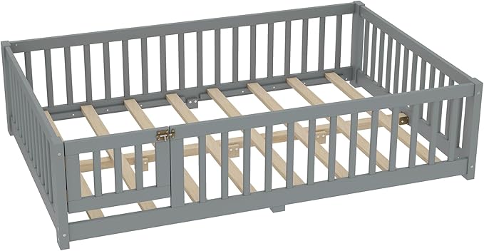 Bellemave Full Size Floor Bed with Rails for Kids, Girls, Boys, Pine,Plywood Floor Bed with slats and Door, Grey