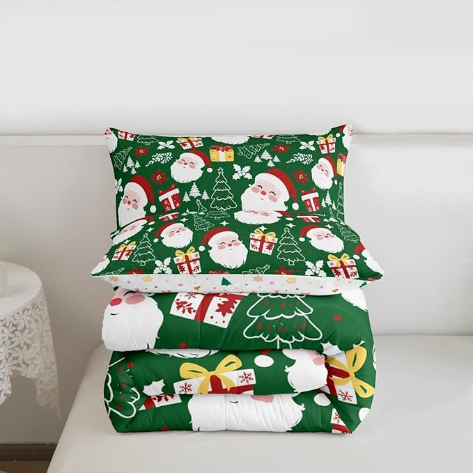 jejeloiu Santa Claus Comforter Set Toddler Size Merry Christmas Bedding Set for Kids Boys Girls Xmas Themed Duvet Quilt Green Bedroom Decor