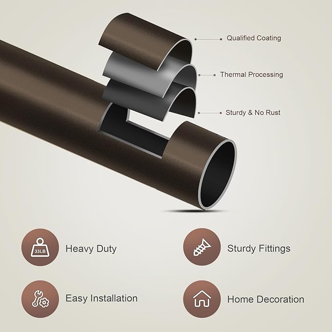Dark Brown Curtain Rods for Windows 66 to 120 Adjustable Modern Curtain Rod 1 inch Diameter Heavy Duty with Decorative Finials for Living Room Bedroom Farmhouse Outdoor Patio