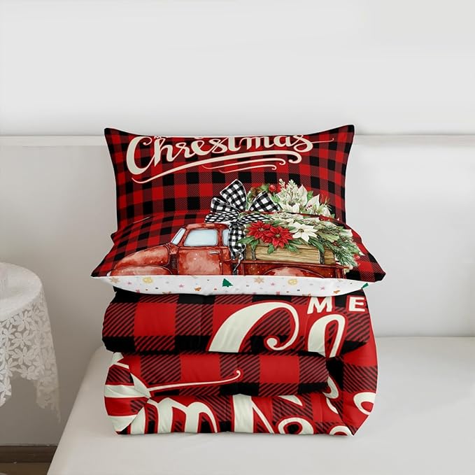 Kids Christmas Truck Comforter Set King Size,Floral Leaves Romantic Bedding,Girls Boys Adults Bedroom/Xmas Cabin Decor,Geometric Plaid Retro Down Comforter,Rustic Farm Duvet Insert,2 Pillowcases