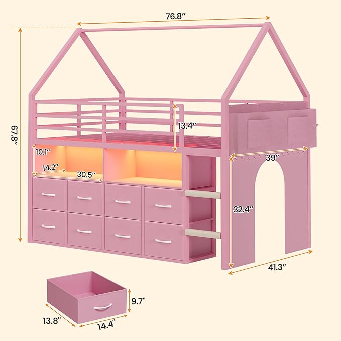 BTHFST Twin Size Loft Bed for Kids, 8 Storage Drawers & LED Lights, House Shaped Metal Bed with Bookcase, Soft Foam Ladder, 13.4" Safety Guardrail, Space Saving, Fun Curtain