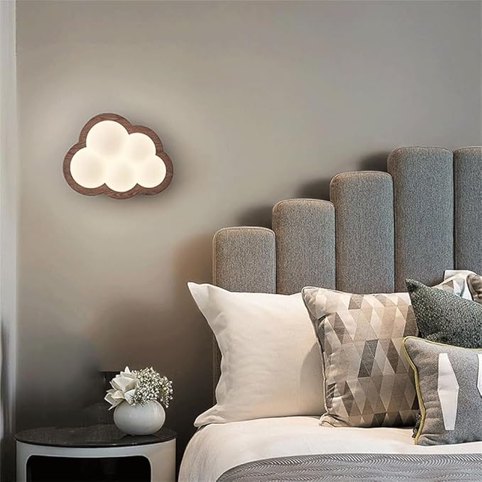 Cute Cloud Shaped Wall Sconce Kids Room Night Light Walnut Wood LED Three Color Dimmable Bedside Lamp for Children’s Bedroom Nursery Decor Lighting
