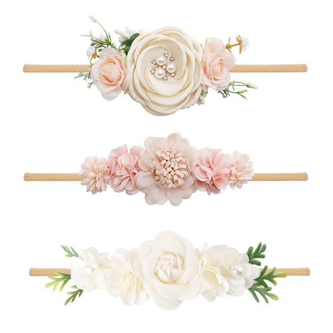 Baby Girl Headbands Nylon Flower Elastic Hairbands 3pcs Hair Accessories Gift for Newborn Infant Toddlers (YM2)