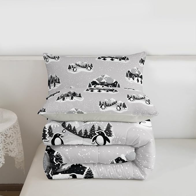 Feelyou Christmas Kids Comforter Set King Size Polar Penguin Bedding Set Snowflake Duvet Quilt for Kids Boys Girls Bedroom Winter Decor Microfiber Ultra Soft Breathable