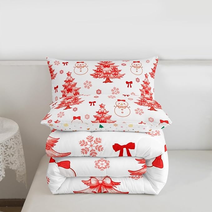 Feelyou Merry Christmas Comforter Set King Size Cute Snowman Bedding Set for Kids Boys Girls Cartoon Bowknot Duvet Quilt Christmas Tree Microfiber 3 Pcs with 2 Pillow Cases