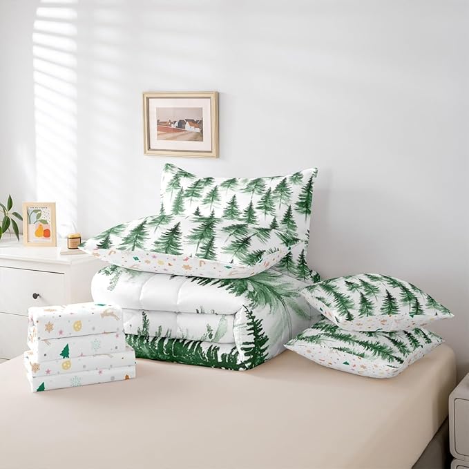 Erosebridal Green Christmas King Comforter Set with Sheets 7 Piece Winter Forest Pine Tree Bed in A Bag Merry Christmas Tree Theme Bedding Sets for Teens Teenager New Year Holiday Xmas Bed Set