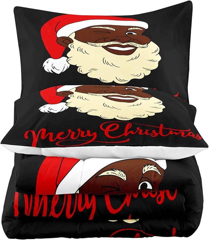 LUVIVIHOME 3PCS Christmas Comforter Set Queen Size, Funny African American Black Santa Claus Bedding, Winter Xmas Merry Christmas Bedroom Decor for Kids Boys Girls Teens, Xmas Gifts, 2 Pillow Shams