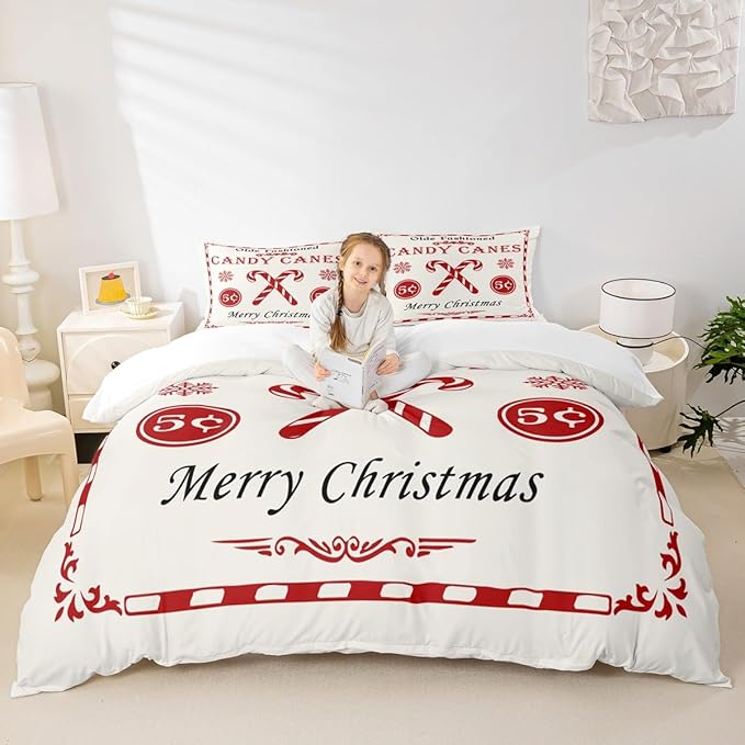jejeloiu Christmas Bedding Set for Kids Boys Girls Christmas Quote Comforter Cover Set King Size Candy Canes Print Duvet Cover Bedroom Decor Xmas White Bedspread Cover Bedding Collection 3Pcs