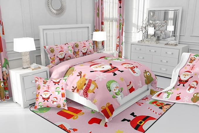 Erosebridal Merry Christmas Bedding Set for Kids Santa Claus Quilts Cute Cartoon Snowman Comforter Set Queen Size with 2 Pillow Cases Xmas Snowflake Duvet Insert,Pink