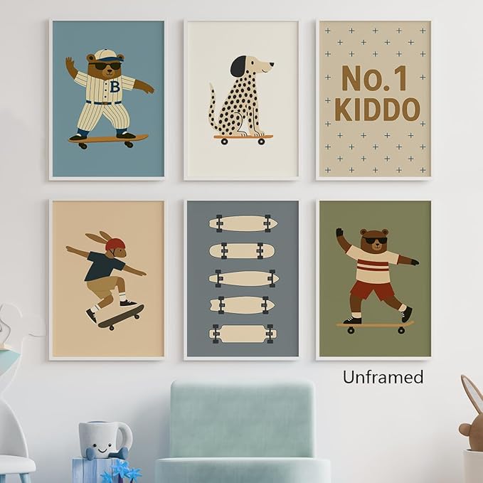 Skateboard Canvas Wall Art, Nursery Animal Sports Posters, Fashion Sunglasses Bear Athletes Pictures, No.1 Kiddo Inspirational Quote Print, Funny Skateboard Rabbit Dog Painting 16x24in Framed