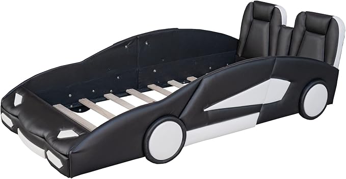 Harper & Bright Designs Twin Size Race Car-Shaped Platform Bed with Wheels, Black