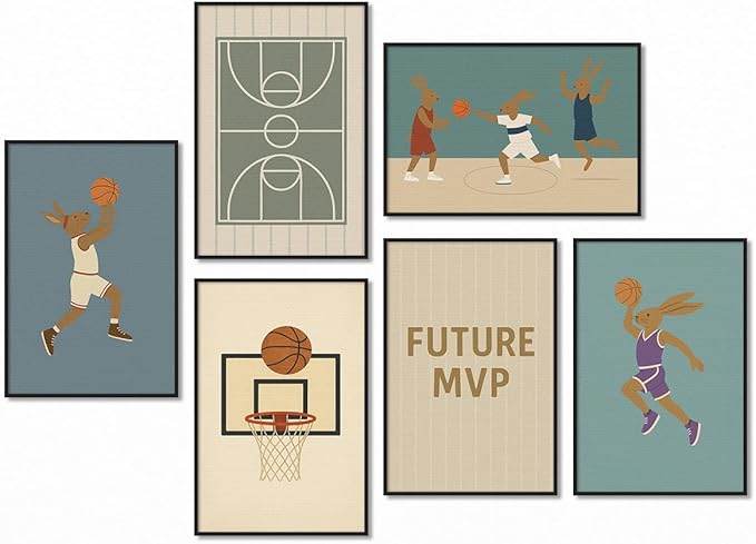 Basketball Canvas Wall Art, Nursery Animal Sports Posters, Bunny Rabbit Athletes Pictures, Positive Quote Print, Kids Bedroom Basketball Court & Hoop Decor 16x24in Unframed