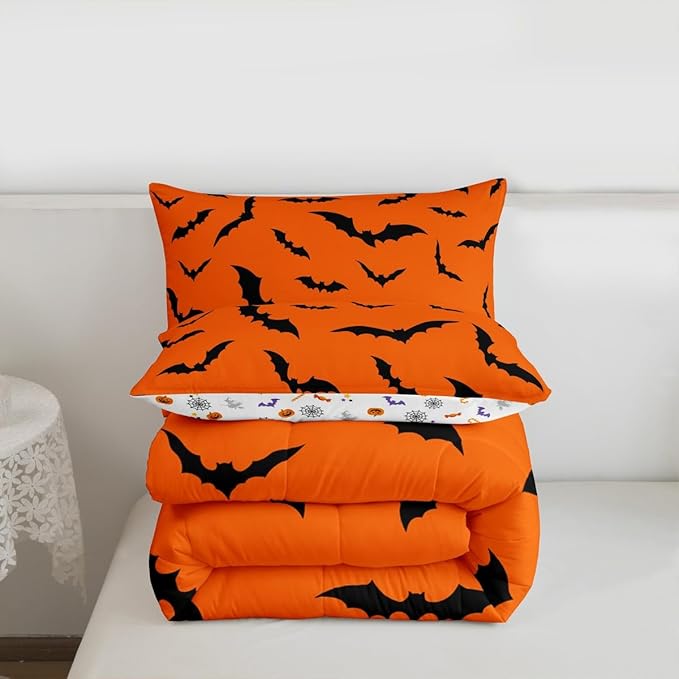 Erosebridal Halloween Comforter Set Gothic Bats Bedding Set Full Size,Spooky Silhouette Bat Quilt for Kids Boys Girls Adults Flying Mysterious Animals Down Comforter,Horror Spooky Home Decor