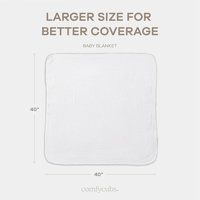 Comfy Cubs Muslin Baby Blanket - Soft, Lightweight, 6-Layer Cotton Swaddle Blankets for Newborns, Infants & Toddlers - 40" x 40" Large, Breathable & Versatile for Sleeping & Tummy Time - White