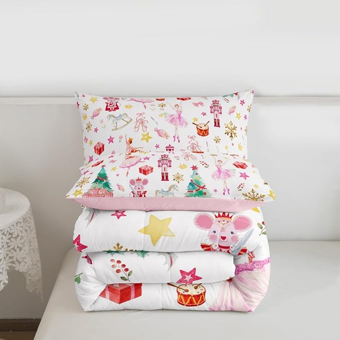 Feelyou Pink Christmas Kids Comforter Set Toddler Size Ballet Nutcracker Bedding Set Snowflake Duvet Quilt for Kids Boys Girls Bedroom Decor Microfiber Ultra Soft Breathable