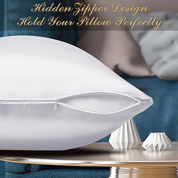 100% Mulberry Silk Pillowcase 2 Pack for Hair and Skin,with Hidden Zipper,Both Sides 22 Momme Natural Silk Pillow Cover,Soft Breathable & Smooth (White, King)
