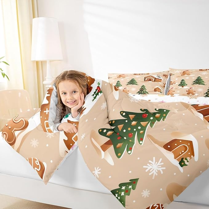 Feelyou Christmas Bedding Set Soft for Boys Girls, Gingerbread Man Comforter Set Toddler Size Snowflake Duvet Quilt Microfiber Xmas Tree Bedroom Decor 2 Pcs with 1 Pillow Cases