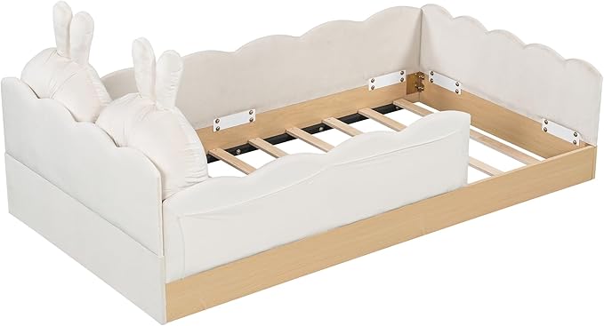 Lovely Twin Size Upholstered Platform Bed with 2 Soft Pillows and Storage Bags, Princess Bed Frame with Cute Rabbit Ear Shaped Headboard and Guardrails for Bedroom, No Box Spring Required (Beige-X52)