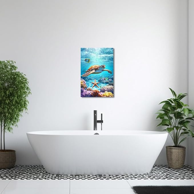 AWPANERAR Sea Turtle Wall Art Bathroom Pictures Watercolor Sea Life Canvas Prints Ocean Animal Poster Nautical Theme Artwork for Kids Room Nursery Decor Framed (Green, (24L x 16W))