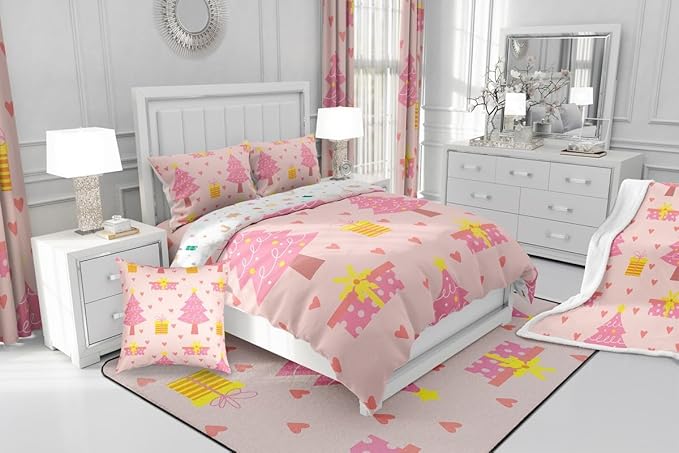 Erosebridal Merry Xmas Quilts Full Size Pink Christmas Tree Comforter Set Reversible Cartoon Style Bedding Set Happy New Year Duvet Insert for Boys Kids Bedroom Decor with 2 Pillow Cases