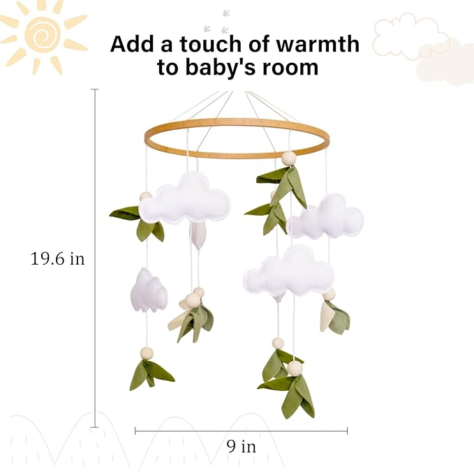 Green Leaf Baby Crib Mobile, WoodlandMobile for Crib for Baby Boys & Girls, Green Nursery Decor, with Felt Leaves, White Clouds