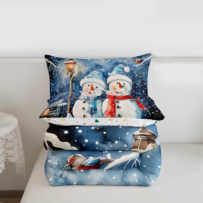 Feelyou Christmas Kids Comforter Set Queen Size Blue Watercolor Snowman Bedding Set Xmas Winter Duvet Quilt for Kids Boys Girls Bedroom Snowflake Decor Microfiber Ultra Soft Breathable