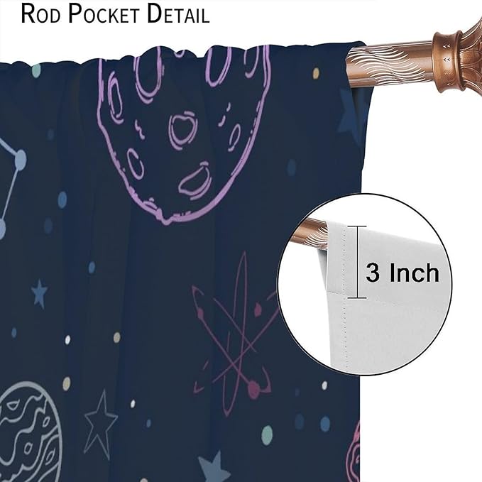 Navy Blue Space Curtains, Cartoon Outer Space Stars Planets Theme Galaxy Curtains for Kids Teens Bedroom Nursery Toddlers Room 42" W X 45" L