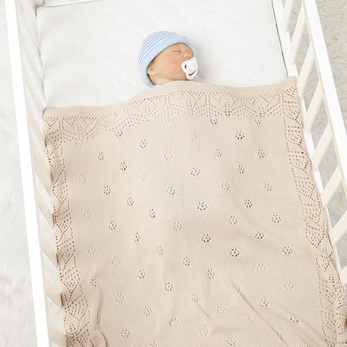 LAWKUL Cellular Blanket Baby 100% Cotton Knitted Soft Babe Crochet Blankets for Newborn Boy Girls Toddler Beige 100x80cm