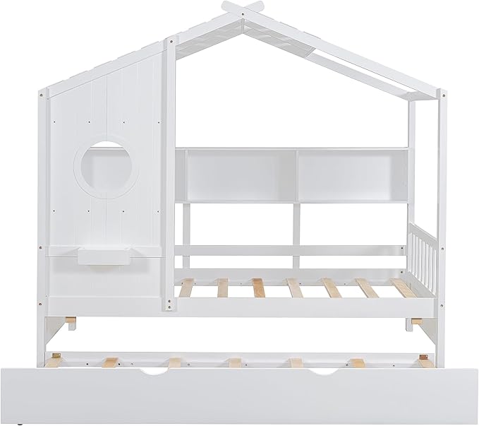 Harper & Bright Designs Twin Size Modern House Bed with Roof, Wooden Twin Kids House Bed Frame with Trundle and Storage Shelf, White