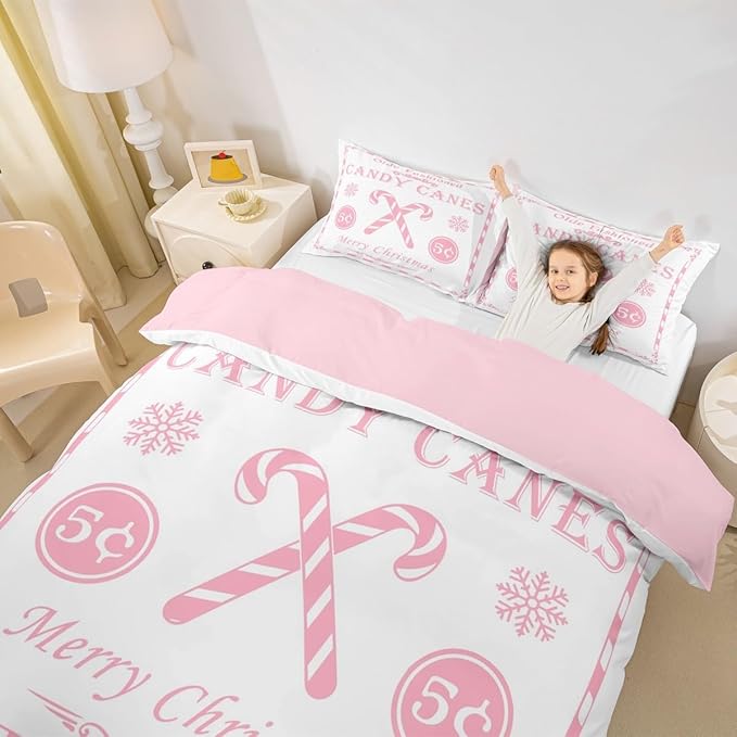 jejeloiu Christmas Bedding Set Full Size Kids Christmas Quote Comforter Cover Set for Boys Girls Teens Candy Canes Print Duvet Cover Xmas Bedspread Cover Room Decorations Pink Quilt Cover
