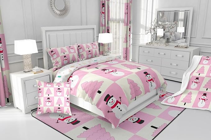 Feelyou Pink Christmas Kids Comforter Set Toddler Size Snowman Bedding Set Xmas Tree Duvet Quilt for Kids Boys Girls Bedroom Decor Microfiber Ultra Soft Breathable