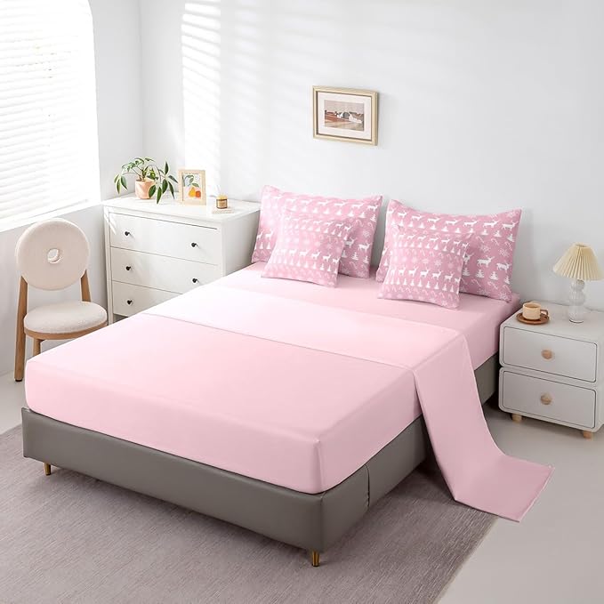 Erosebridal Christmas King Bedding Set 7 Piece,Xmas Elk Deer Bed in A Bag,Candy Snowflake Comforter Set Pine Tree Woodland Animals Sheet Set with Comforter,Pink Christmas Decoration