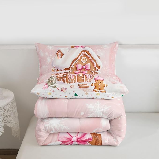 Feelyou Gingerbread House Kids Comforter Set Twin Size Gingerbread Man Bedding Set Christmas Tree Duvet Quilt for Kids Boys Girls Bedroom Pink Bow Decor Snowflake Microfiber Ultra Soft Breathable