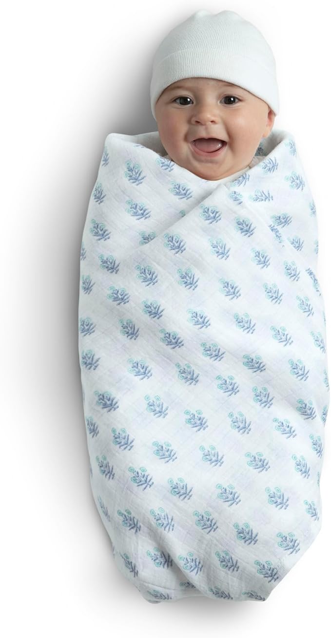 Delta Children 100% Cotton Muslin Baby Receiving Blankets for Girls and Boys – 47x47 Inches (Pack of 4), Blue Botanicals