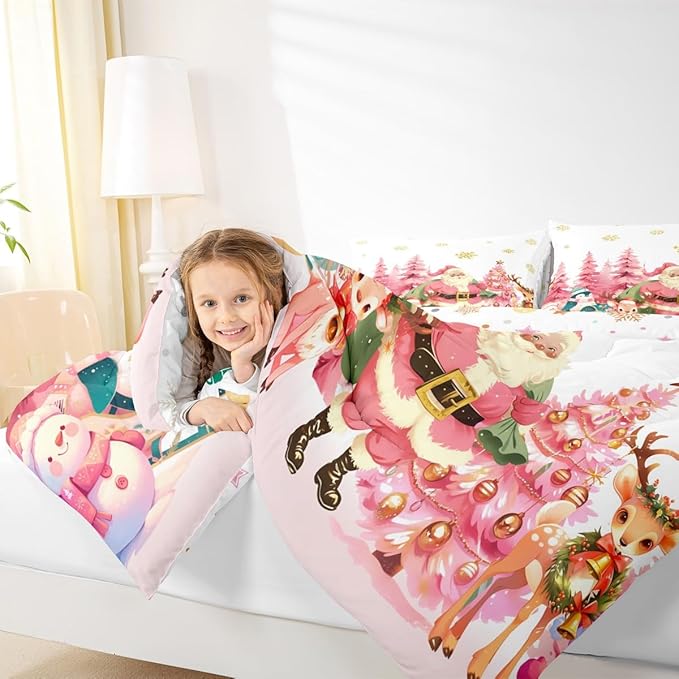 jejeloiu Merry Christmas Comforter Set Full Size Santa Claus Bedding Set for Kids Boys Girls Cute Deer Duvet Quilt White Bedroom Decor
