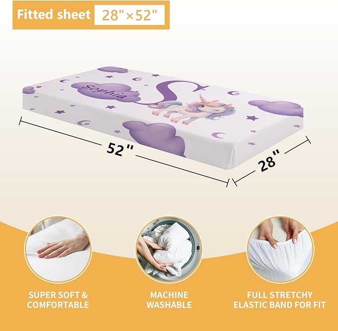 5 Piece Customized Crib Bedding Set for Girls - Custom Name Baby Crib Purple Unicorn Nursery Bedding Set with Soft Blanket, Fitted Sheet, Rug, Personalized Gifts for Toddlers, Newborns, Infants
