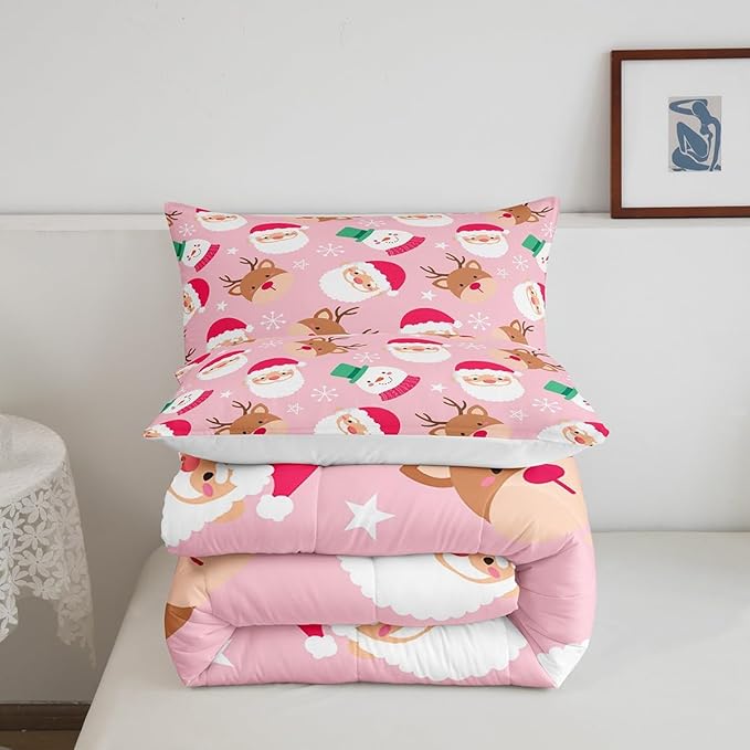 Cartoon Santa Claus Kids Comforter Set Full Size,Cute Snowman Deer Xmas Bedding Set,Boys Girls Adults Room Decor,Merry Christmas Snowflake Down Comforter,Pink Romantic Duvet Insert,2 Pillowcases