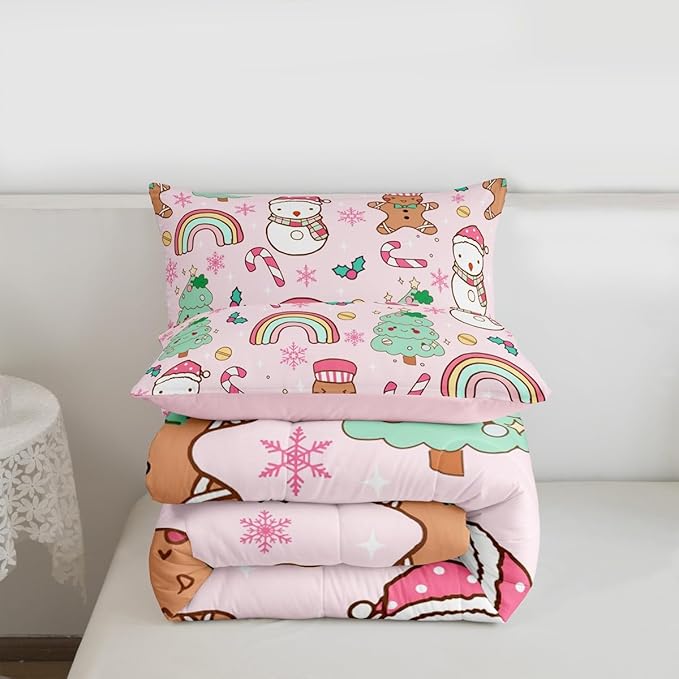 Feelyou Christmas Kids Comforter Set King Size Merry Christmas Tree and Snowman Bedding Set Gingerbread Man Duvet Quilt for Kids Boys Girls Bedroom Rainbow Print Decor Snowflake Ultra Soft Breathable