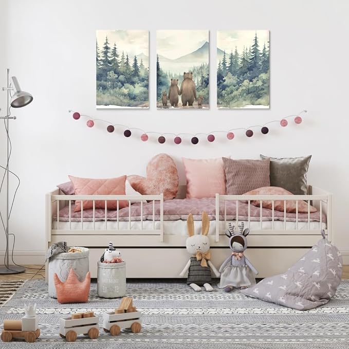 Rustic Bear Family Nursery Decor, Forest Animals Woodland Wall Decor, Love of A Family of Four, Set of 3 Canvas Prints, Landscape Bear Wall Art for Boy's Room Decor, Framed 16"x24"x3