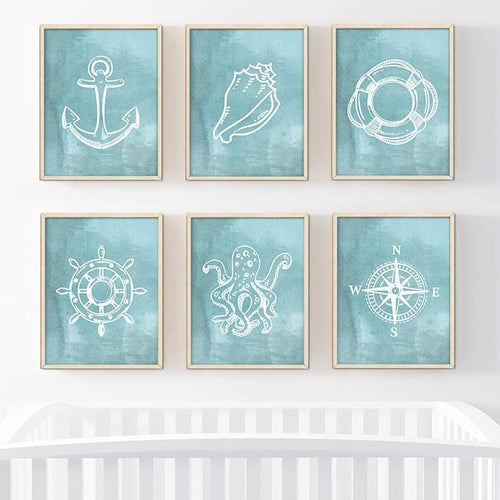 Andaz Press Ocean Nautical Sailor Theme Nursery Kids Bedroom Hanging Wall Art Decor, 8.5x11-inch, Watercolor Aqua Blue, Compass, Anchor, Shell Graphics, 6-Pack, Unframed Room Poster