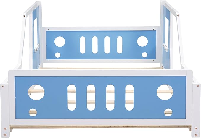 Bellemave Twin Full Size Kids Car Bed, Classic Car-Shaped Platform Bed with Wheels, Wood Full Montessori Floor Bed Frame for Kids Boy Girls, Lightning McQueen Bed (Blue+Black)