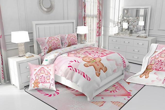 Feelyou Gingerbread Man Comforter Set Queen Size Gingerbread House Bedding Set for Kids Boys Girls Candy Canes Duvet Quilt Pink Christmas Scheme Bedroom Decor Snowflake 3 Pcs with 2 Pillow Cases