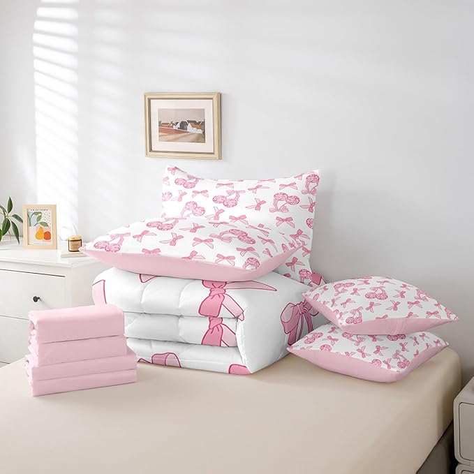 7 Pieces Cartoon Bowknot Kids Comforter Set Twin,Western Cowgirl Disco Ball Retro Bedding Set,Bow Tie Cute Princess Pink Romantic（Comforter+Fitted+Flat Sheet+2 Pillowcases+2 Throw Pillow Covers）