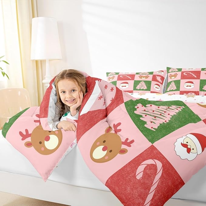 Feelyou Merry Christmas Bedding Set Soft for Boys Girls, Xmas Tree Santa Claus Comforter Set King Size Candy Cane Deer Duvet Quilt Microfiber Patchwork Bedroom Decor 3 Pcs with 2 Pillow Cases