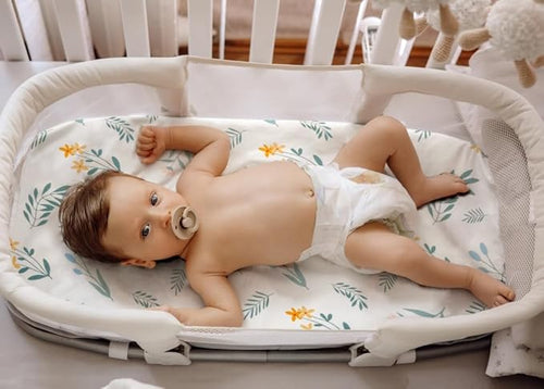 4 Pack Sage Green Fitted Nursery Sheets Breathable Neutral Unisex Baby Sheets for Boys or Girls with Leaf and Flower Design (Bassinet)