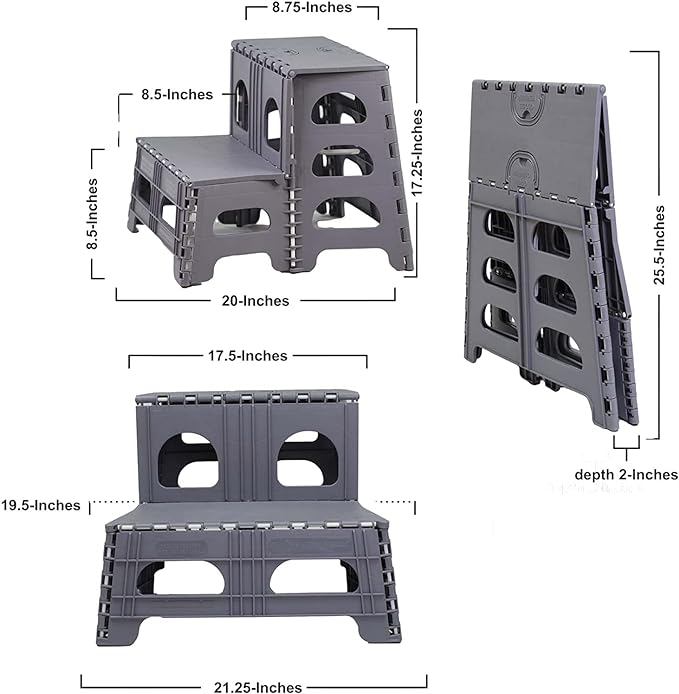 Bee Neat Folding 2 Step Stool for Adults - Collapsible & Foldable Step Ladder for Office, Garage, Closet, Bathroom - Non-Slip & Wide Stepping Stool Supports 300lbs - Industrial - Gray