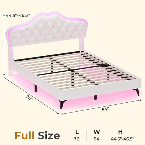 ADORNEVE Full Bed Frame with RGB LED Lights, Princess Bed Frame with Adjustable Crystal Button Headboard, Velvet Upholstered Platform Bed for Girls, Solid Wooden Slats, Easy Assembly, Creamy White