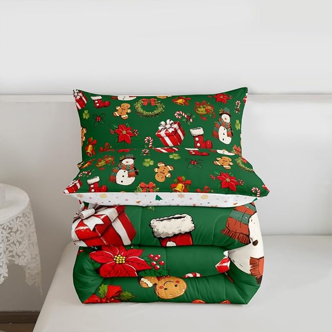jejeloiu Merry Christmas Comforter Set Twin Size Cute Snowman Bedding Set for Kids Boys Girls Gingerbread Man Duvet Quilt Green Bedroom Decor